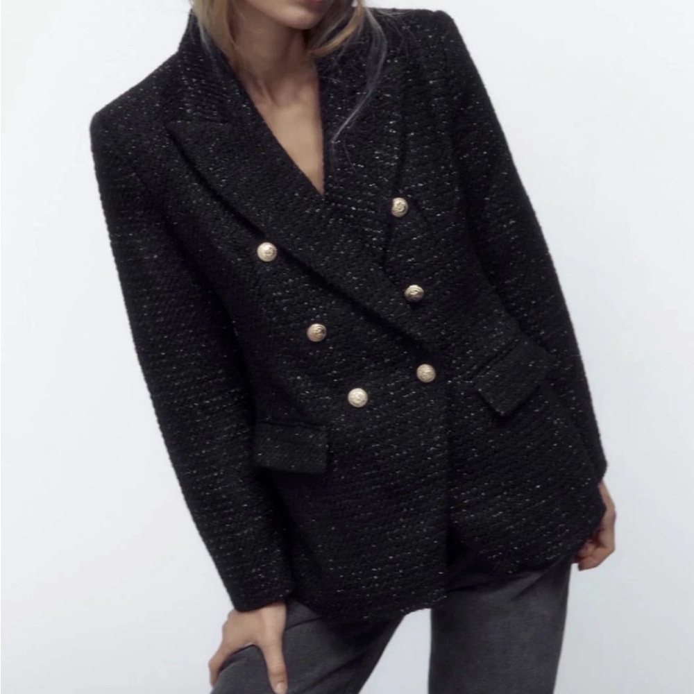 ZARA WOOL BLEND DOUBLE BREASTED TEXTURED WEAVE JACKET, Size L - Picture 1 of 10